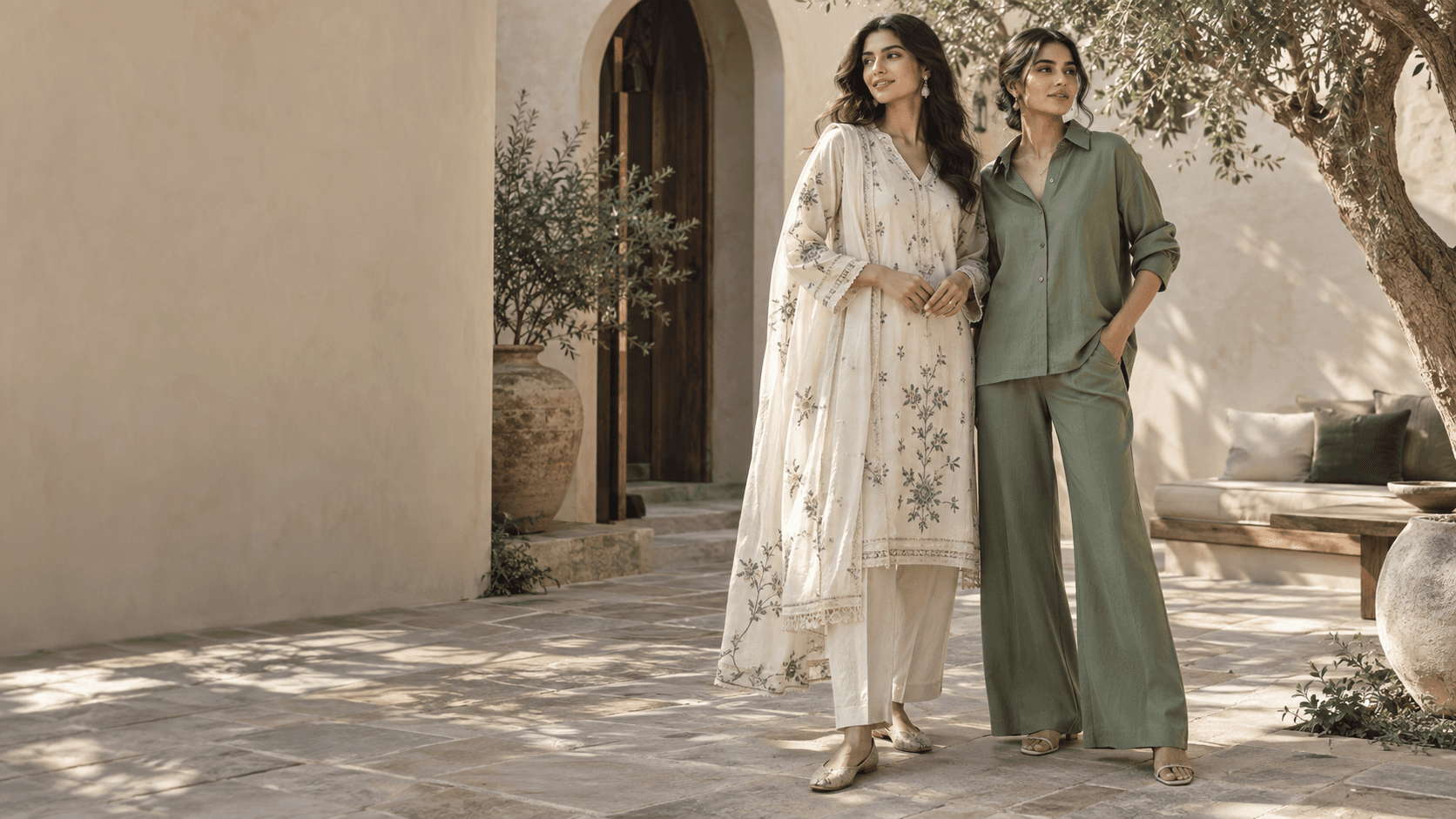 Two women wearing an ivory embroidered kurta and a sage matching co-ord set in a sunlit courtyard.